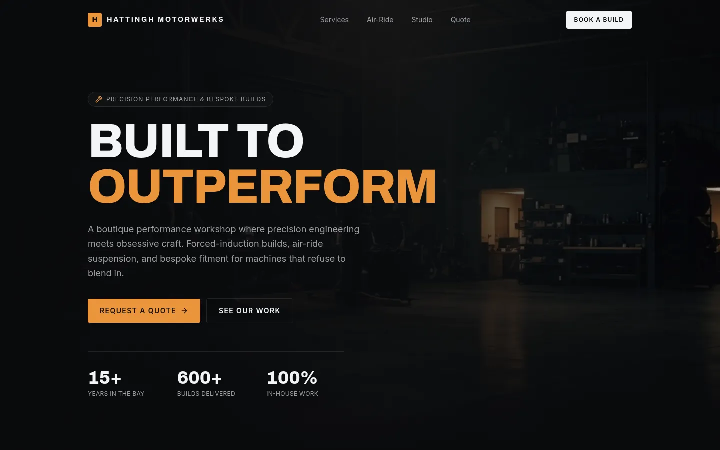 Hattingh MotorWerks desktop homepage hero with Request a Quote call to action and workshop stats
