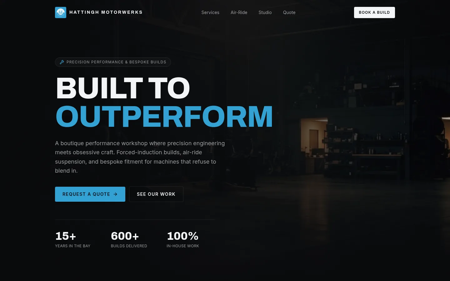 Hattingh MotorWerks desktop homepage hero with Request a Quote call to action and workshop stats