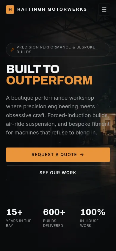 Hattingh MotorWerks mobile homepage hero with stacked calls to action