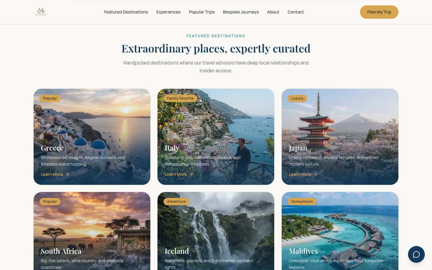 Montgomery Bespoke Travel featured destinations grid showing Greece, Italy, Japan, South Africa, Iceland, and the Maldives