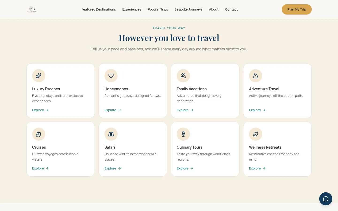 Montgomery Bespoke Travel "However you love to travel" section with travel style cards